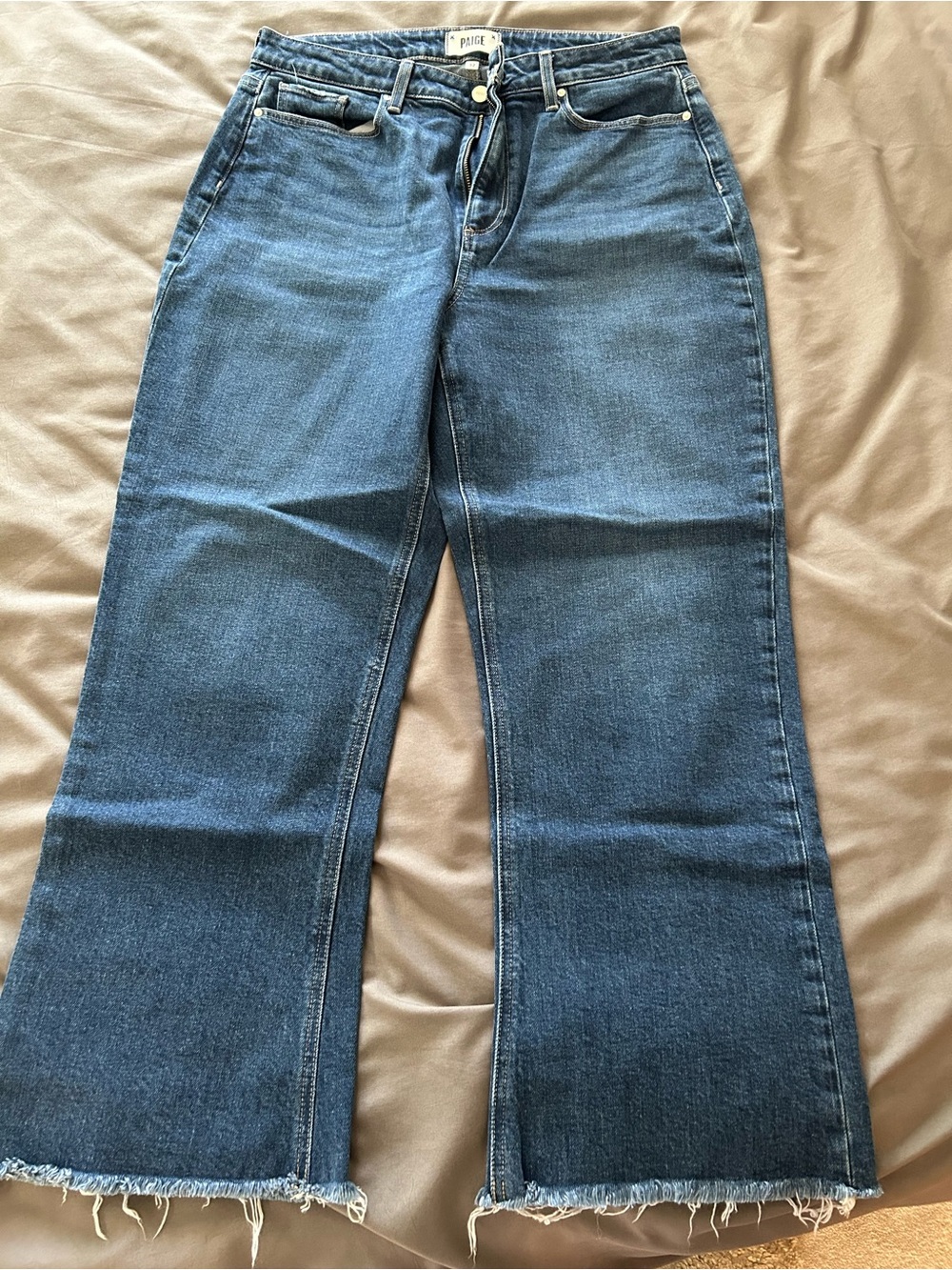 PAIGE Dark Blue Cropped Wide-Leg Jeans